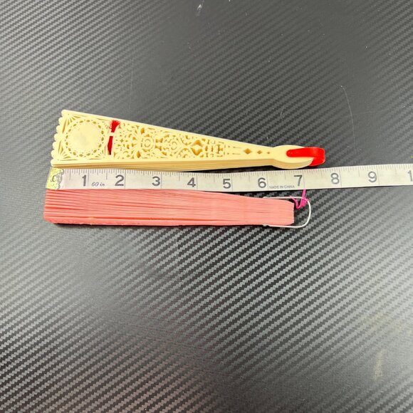 Vintage Pink & Ivory Souvenir Celluloid Plastic Lace Folding Hand Fans SET OF 2 - Picture 12 of 12